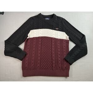 Hollister Mens Cable Knit Sweater Medium Colorblock Crewneck Black Burgundy